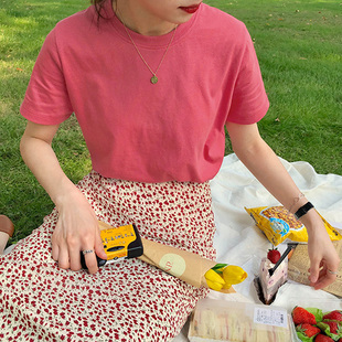 泫雅风树莓色t恤短袖2023夏季纯棉糖果色打底衫少女玫粉色上衣女