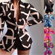 欧美女装时尚西装印花短裤套装Long sleeve printed shorts suit