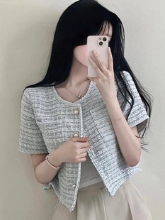 韩国chic夏季减龄复古小众气质混色，包边粗纺短款小开衫短款外套女