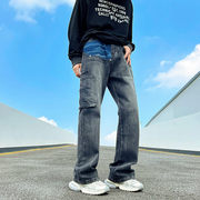 工装牛仔裤男秋季设计感小众，拼接休闲裤子，美式街头嘻哈宽松直筒裤