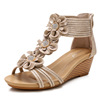 加大码波西米亚民族风凉鞋女坡跟厚底珍珠水钻夏季花朵罗马鞋