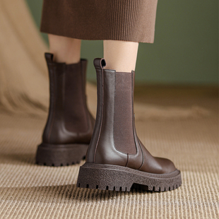 真皮复古风烟筒靴子女秋冬季短靴厚底瘦瘦切尔西靴薄款透气马丁靴