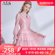 艾丽丝2023秋季粉色娃娃领甜美公主裙网纱印花短款蛋糕连衣裙