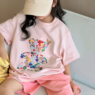 女童短袖t恤2024儿童夏装韩版宽松上衣潮中大童卡通刺绣体恤