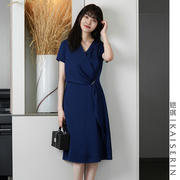 铠琪2023年霁蓝色假两件套优雅知性短袖蓝色连衣裙女高级感女