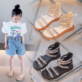 女童罗马鞋2024年夏季儿童公主，风水钻水晶鞋，时尚后拉链凉鞋潮