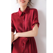 日本桑蚕丝中长裙子女，2022夏红色(夏红色)短袖，真丝收腰通勤衬衫连衣裙