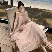 不规则网纱灰粉色吊带裙，仙女裙女沙滩连衣裙，长裙飘逸度假裙