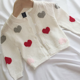女童空调开衫针织薄款镂空外套，婴儿春秋女宝宝儿童小童毛衣夏季