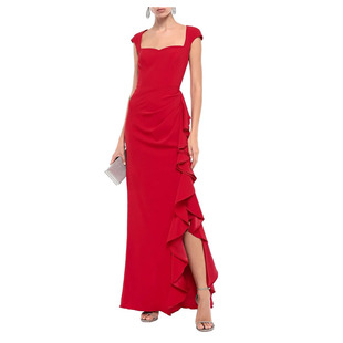 红色礼服连衣裙经典小方领侧开叉不规则设计晚宴伴娘年会大码定制