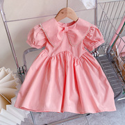 女童超仙粉色公主裙，2024夏季韩版儿童洋气，珍珠娃娃领连衣裙子