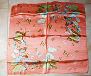 纯真丝素绉缎方巾，桑蚕丝围巾，桔粉色蝴蝶-b043