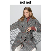 nolnol英伦风双排扣外套女中长款赫本风2020流行格子羊毛呢大衣