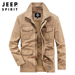 jeep吉普男装夹克宽松大码中年爸爸装翻领中长款户外全棉外套