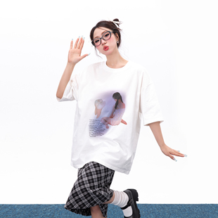 Cattyllo数码印花白色t恤女2024设计感夏季宽松纯棉半袖上衣