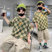 格子短袖套装男童夏季2023韩版夏装短袖3-14岁两件套网红男孩