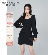 韩语琳方领收褶黑色连衣裙，女春装长袖设计感富贵千金风短裙子