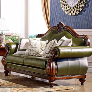 美式真皮沙发实木雕花，沙发组合欧式皮艺大户型客厅奢华复古家具
