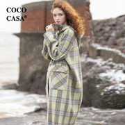 cococasa绿色格子羊驼毛，双面呢大衣女长款2023秋新零羊绒毛呢外套