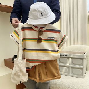 童装2023夏季男女童短袖T恤中小童儿童圆领洋气条纹宝宝上衣