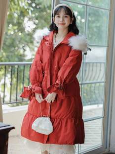 女装2023冬季新红色(新红色，)长款过膝大毛领，面包服高级感收腰显瘦棉衣外套