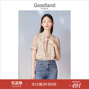 Goodland美地女装夏季法式系带领雪纺衫优雅泡泡袖上衣