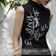 小鹿弥雅《竹》系列，原创新中式国风刺绣旗袍，无袖小黑裙连衣长裙夏