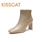 kisscat接吻猫2023秋冬侧拉链，粗高跟方头，牛皮女短靴子ka43526-12