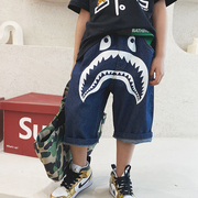 mijello21ss夏季白鲨鱼(白鲨鱼)垮裤7分裤男童，牛仔中裤薄软潮品