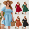 200斤大码胖女人夏季方领连衣裙 plus size women summer dresses