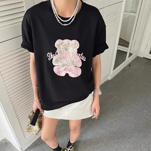 XNX2024夏季十三行女装新中式小熊字母刺绣短袖T恤女常规上衣