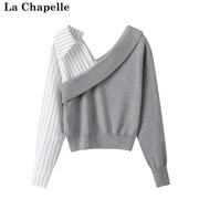 拉夏贝尔lachapelle法式气质针织衫女衬衫，秋装拼接长袖上衣