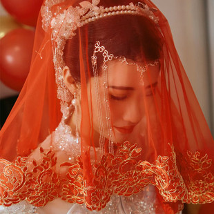 新娘红盖头出嫁结婚中式婚礼半透明纱头纱秀禾蒙头红色蒙头巾