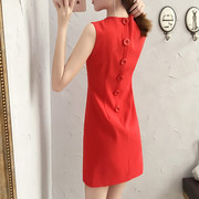 小香风无袖大红色直筒连衣裙，2024女夏季气质，小个子a字短款裙