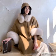 2020冬季高端女明星同款狐狸毛领双面羊绒大衣，蝙蝠袖斗篷皮草外套