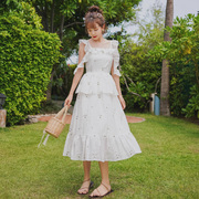 158cm法式复古连衣裙白色超仙蛋糕裙气质吊带裙沙滩裙海边度假女