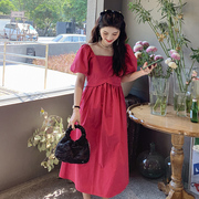 惊艳玫红色连衣裙女夏小个子法式甜美小众设计方领泡泡袖茶歇裙子