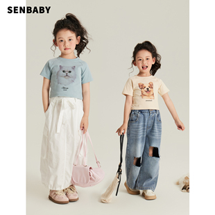 senbaby童装定制儿童短袖T恤女童夏装上衣中大童小猫小狗印花短T