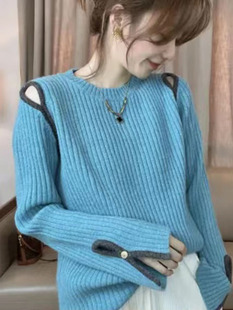 韩版小众设计感别致镂空撞色圆领针织衫女2024气质套头毛衣潮
