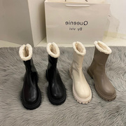 香港马丁靴子女秋冬2023长筒，韩版法式时尚，加绒雪地靴加厚短靴