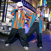 儿童街舞服套装男童条纹衬衫嘻哈hiphop炸街表演出服女童爵士舞服