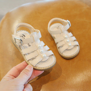 女童公主鞋露趾珍珠平底罗马鞋，洋气百搭宝宝皮凉鞋夏季婴儿学步鞋