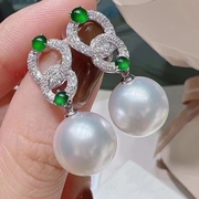 韩版时尚微镶豪华祖母绿耳钉耳环，珍珠空托简单款diy饰品珍珠配件