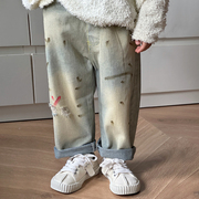 儿童涂鸦牛仔裤 2024春季长裤彩色画油漆休闲直筒裤