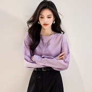 沐娜希麻料衬衫女长袖，春季2024韩版法式衬衣，宽松圆领百搭上衣