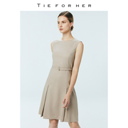 TieForHer OL系列羊毛压褶裙摆通勤连衣裙粉灰公主线修身设计