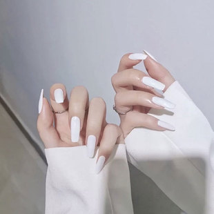 纯白色长款方形nail穿戴美甲贴成品欧美简约风光亮面拆卸假指甲片