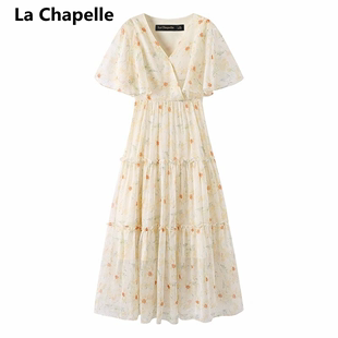 拉夏贝尔/La Chapelle法式V领碎花连衣裙女2023夏季雪纺长裙
