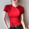 红色圆领T恤女2024初春修身显瘦吸汗透气正肩衬衫内搭短袖打底衫
