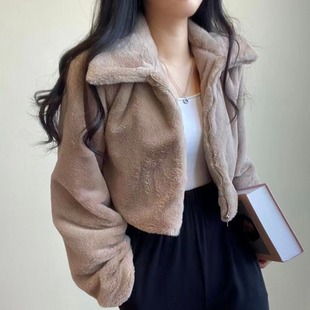 韩国chic秋冬法式减龄拉链翻领保暖毛绒绒皮草外套女短款开衫外套